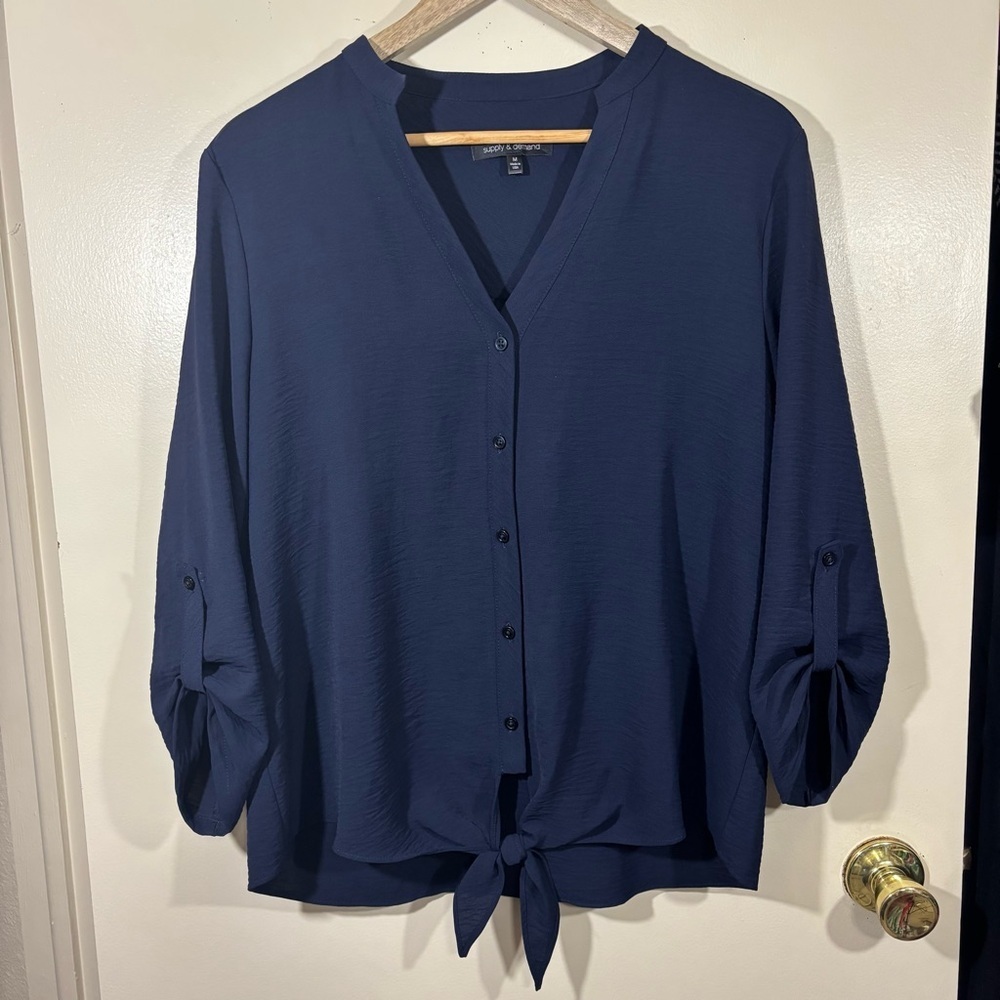 Supply & Demand Navy Tie Front Blouse Size M